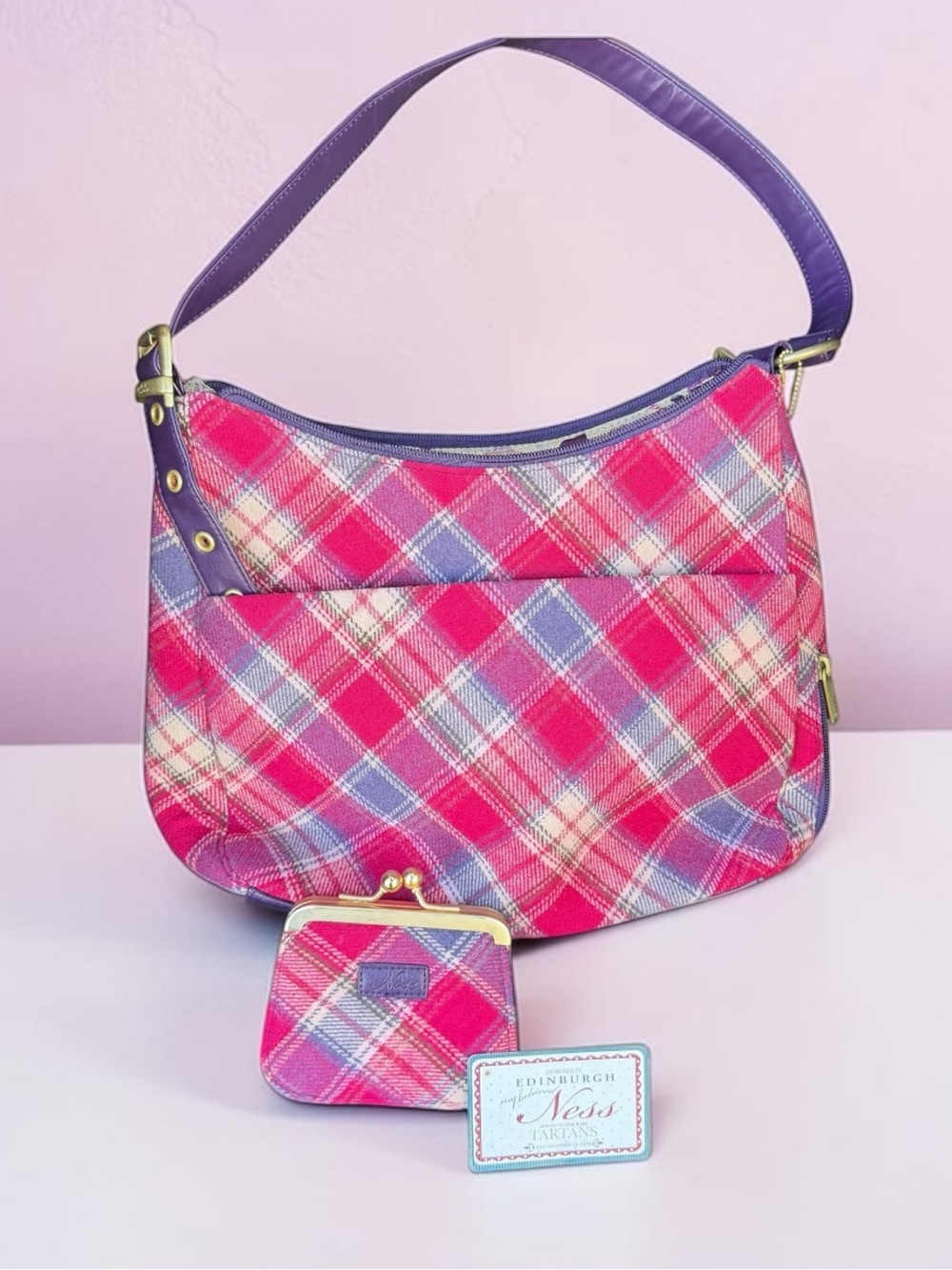 NESS Edinburgh Custom Made Scottish Tartan Wool/Tweed/Leather Bag plus Coin